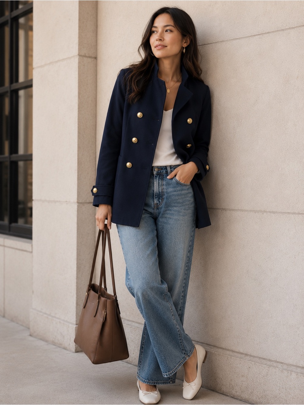 Zara Basic Navy Blue Cotton Military Style Double Breasted Jacket Coat Size XS